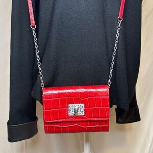 Brighton Lipstick Red Croc Leather Crossbody Bag Womens Chain Designer Purse